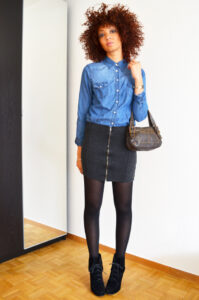 mercredie-blog-mode-suisse-geneve-fashion-blogger-denim-shirt-chemise-jennyfer-jupe-taille-haute-mango-ash-ersatz-afro-hair-cheveux-nappy