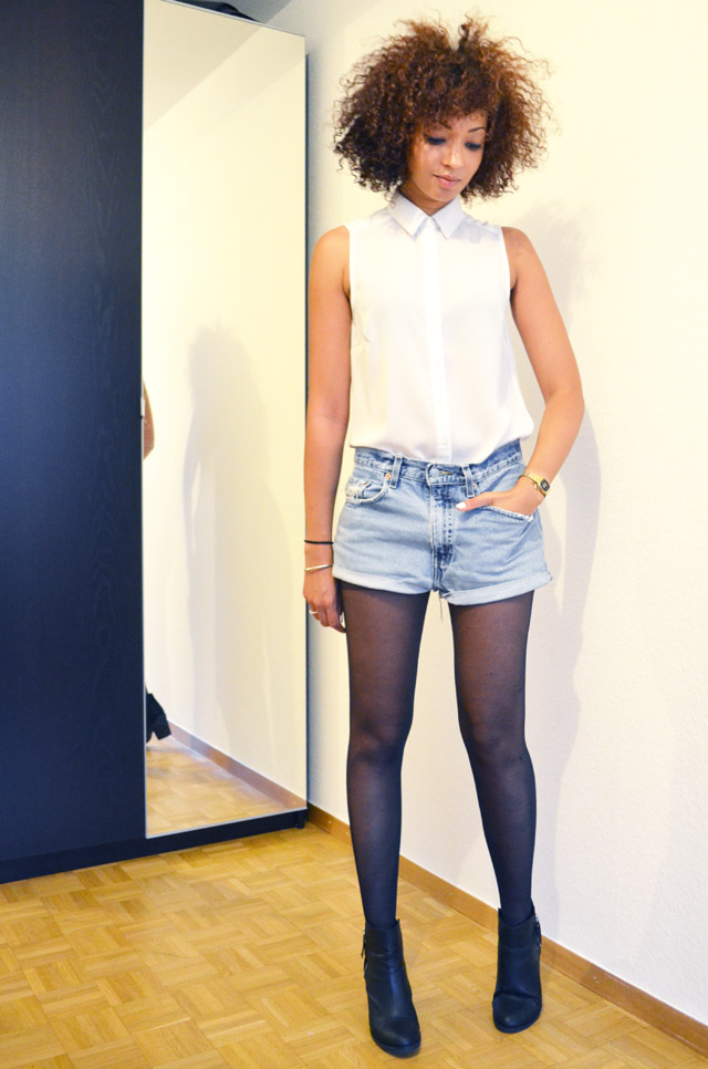 mercredie-blog-mode-beaute-suisse-geneve-bottines-h&m-2013-short-levis-501-chemise-blanche-newlook-look-cheveux-afro